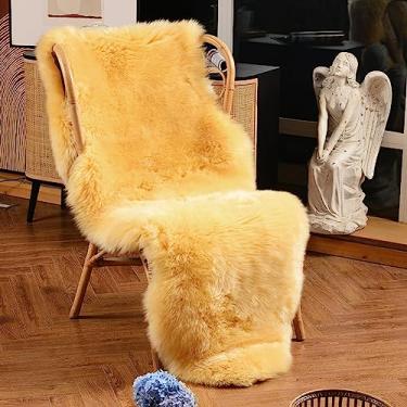 Imagem de LLB Tapete de pele de carneiro genuíno tapete de lã tapete de pele fofa tapete de pele felpudo para sala de estar quarto de crianças tapetes de pele de carneiro real tapetes de pele de cordeiro tapete de sofá capas de assento de cadeira (amarelo, 60 x 1,8 m pele de carneiro)