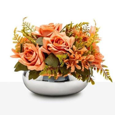 Imagem de Arranjo de Rosas Clássico Decoração Luxo Vaso Vidro Espelhado Prata - 