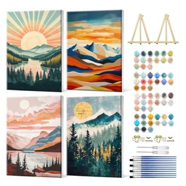 Imagem de JOOZ Pacote com 4 kits de pintura emoldurada por números para adultos, pintura do pôr do sol da montanha por número com cavalete, kits de pintura para adultos Forest Lake por números em tela, kit de