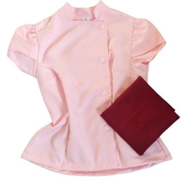 Imagem de Dolma Profissional Rosa com Avental Marsala Uniforme Ideal para Chef d