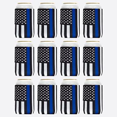 Imagem de QualityPerfection Can Cooler Sleeves Foam Beer Black Flag com Blue Thine Line HTV Isolado, Dobrável DIY Personalizável para Festas, Eventos ou Casamentos, a granel (12, Polícia)