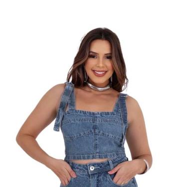 Imagem de Cropped Jeans Feminino Decote Quadrado Alça Fina Modelagem Slim - Nina