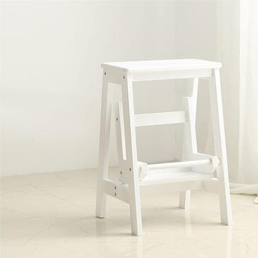Imagem de Banquinho Branco 2 Degraus De Madeira Grande Escada Multifuncional Dobrável Para Cozinha Antiderrapante De Segurança Para Interior E Exterior, White