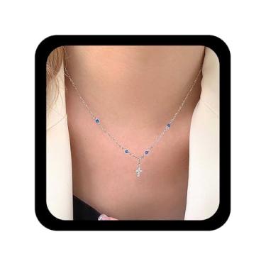 Imagem de Allereyae Colar vintage com pingente de cruz Cz, colares de contas facetadas azuis, colar de cruz de cristal de prata, crucifixo, gargantilhas, colares para mulheres