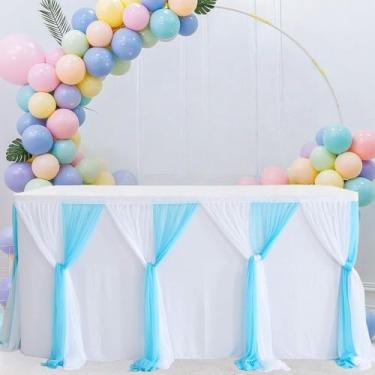 Imagem de Saia de mesa rosa e branca, tule, toalha de mesa tutu, capa para chá de bebê, festa de aniversário, sobremesas, buffet, decoração de banquete, azul e branco, 9 pés 275 x 78 cm