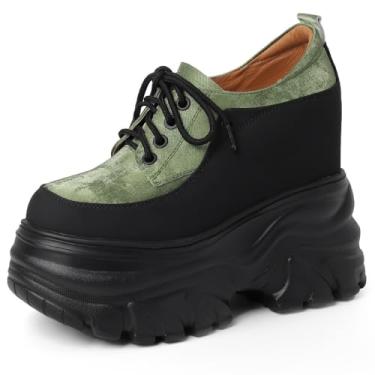 Imagem de Sapato feminino primavera Autmun salto oculto plataforma plataforma bloco de cores cadarço couro genuíno seda casual 50630, Verde, 38