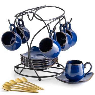 Imagem de LYEOBOH Xícaras de café expresso de 85 g com pires, conjunto de 6 xícaras de café pequenas com colheres e suporte de metal, xícaras de cerâmica linda Demitasse para presente de casamento de