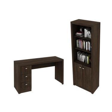 Imagem de Escritório com Mesa para Computador c/ 3 Gavetas e Armário c/ Prateleiras 2 portas Rústico - FdECOR
