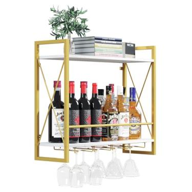 Imagem de Dokser Prateleira de vinho montada na parede de 2 níveis, rack de vinho de parede com moldura de ferro industrial e madeira rústica suporte de garrafa de vinho para cozinha, sala de jantar, decoração
