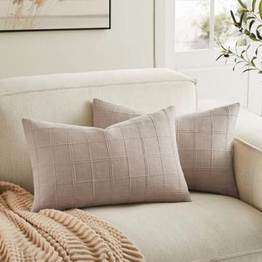 Imagem de ZeeMart Conjunto de 2 capas de almofada lombar xadrez de linho, 30,5 x 50,8 cm, cinza-acinzentado/creme, grade decorativa de fazenda de um lado bordado, capas de almofada de linho de algodão marrom