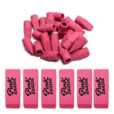 Imagem de Ouksma Conjunto de 30 peças de borracha rosa a granel – 6 borrachas de bloco e 24 borrachas de lápis, sem manchas, material escolar para estudantes, professores, desenho, escritório, uso de lição de