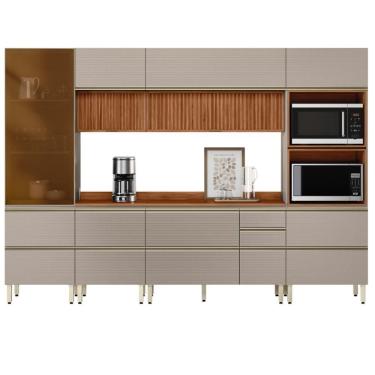 Imagem de Cozinha Modulada Proença 6 Peças Com Cristaleira E Aéreo 120cm Ripado Nogueira Touch/nude Prime Tx - Demartêz Nogueira Touch/nude Prime Tx