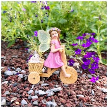 Imagem de Cliocoo Estatueta de bicicleta de equitação de fada, estátua de jardim em miniatura de resina para jardim de fadas, pátio, pátio, decoração de casa, pintada à mão e durável (bicicleta de equitação)