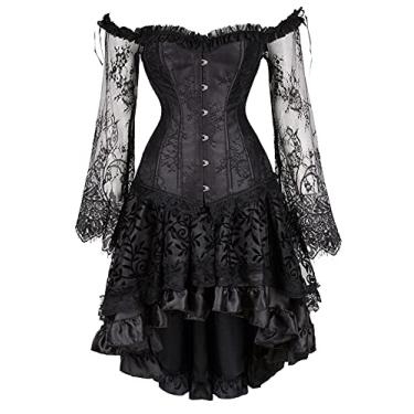 Imagem de Espartilho plus size Steampunk espartilho conjunto de saia renascentista gótica bustiê fantasia de Halloween, Preto - 8125, M