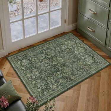Imagem de PureCozy Tapete de área verde escuro 2x3 lavável tapete de porta de entrada tapete vintage antiderrapante pequeno camada baixa cozinha banheiro tapete retrô acento entrada quarto escritório sala de