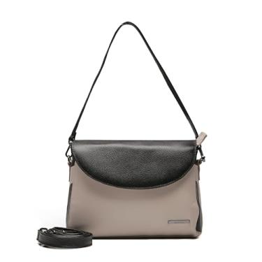 Imagem de Bolsa Feminina Transversal de Couro, Alça Dupla, 5 Compartimentos, Conhaque, Estilo Contemporâneo (OFF WHITE-PRETO)