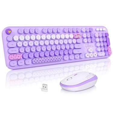 Imagem de MOFII Combo de teclado e mouse sem fio, lindo teclado colorido de tamanho completo e mouse ajustável, conjunto de teclado e mouse de máquina de escrever retrô de 2,4 GHz para PC/desktop/laptop/Windows