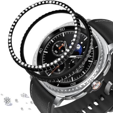Imagem de DEALELE [Pacote com 2] Capa de bisel compatível com Samsung Galaxy Watch 8 Classic (46 mm), strass brilhante, liga de diamante, moldura metálica, anel adesivo, antiarranhões, acessório (preto)