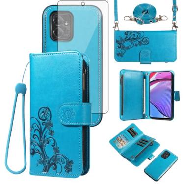 Imagem de Asuwish Capa de celular para Motorola Moto G Power 5G 2023 com zíper carteira magnética destacável com protetor de tela de vidro temperado, alça transversal, suporte de cartão de flores GPower G5