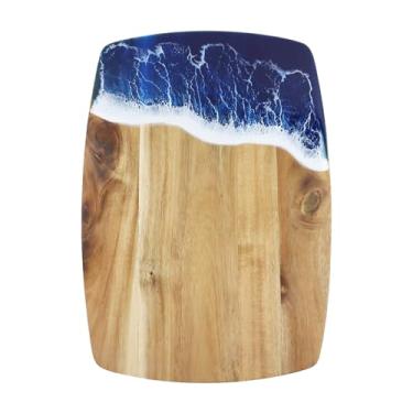 Imagem de Pastlla Tábua de corte de madeira de acácia de 35 x 26 cm, padrão de onda azul para cozinha, tábua de cortar e cortar para carne, vegetais e frutas, presente fantástico para inauguração de casa