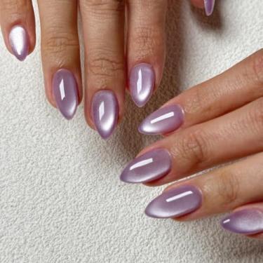 Imagem de Unhas lilás pressionadas, roxo claro olho de gato pressionado nas unhas em forma de amêndoa média, cola com glitter SXVME em unhas falsas curtas, unhas postiças de acrílico grosso, unhas adesivas