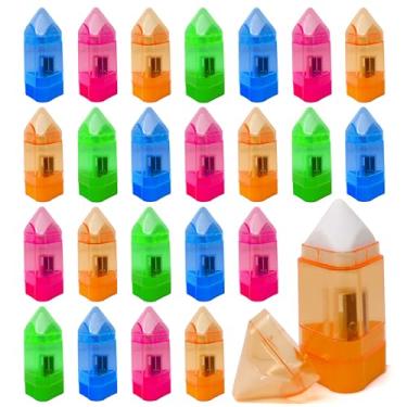 Imagem de Apontador de lápis portátil com borracha – Bonito apontador de lápis colorido com capa e receptáculo a granel pacote com 24 – Material escolar legal