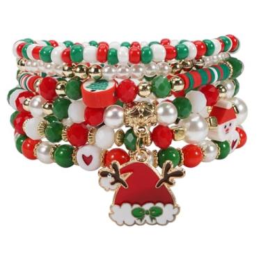 Imagem de Pulseiras de Natal para mulheres Heishi Surfer Polymer Clay Stretch Joy & Merry Candy-Style Stacks para mulheres e adolescentes - Presentes de Natal perfeitos, One Size, Miçangas, Sem Pedra Preciosa
