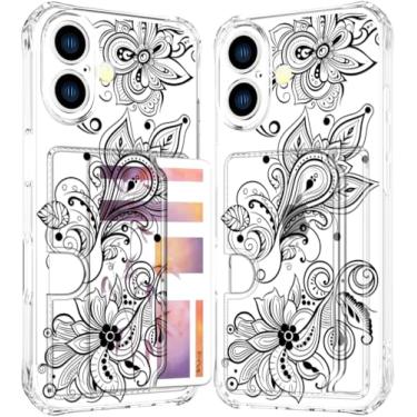 Imagem de ENDIY Compatível com capa de telefone 17 porta-cartão para mulheres design fofo, capas de telefone tipo carteira transparente legal Kawaii protetora (flor de henna preta clara)
