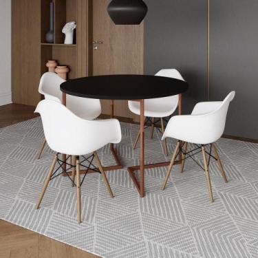 Imagem de Mesa Jantar Industrial Preta 110Cm Redonda Base V Cobre Com 4 Poltrona