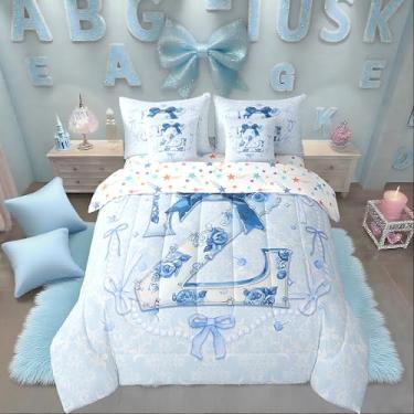 Imagem de Erosebridal Conjunto de edredom tamanho casal com estampa floral rosa, azul preppy azul, para presente de aniversário, 7 peças, com laço azul preppy 3D, cama com laço preppy (Z)