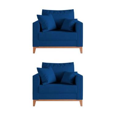 Imagem de Kit 2 Poltronas Beny Decorativa com 2 Almofadas Veludo Azul Base em Ma