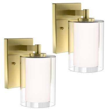 Imagem de Conjunto de dois arandelas de parede: Arandela de banheiro com 2, luminárias douradas com sombra de vidro transparente, base E26 luzes de parede de casa de fazenda com fio para quarto, sala de estar