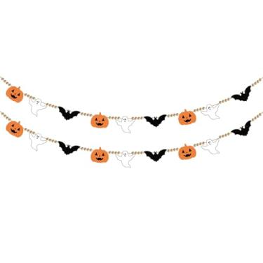 Imagem de Doumeny 2 peças de faixa de feltro de Halloween com contas de madeira bandeira morcegos pretos guirlanda fantasma abóbora contas de madeira bunting guirlanda de Halloween assustador festa de feltro