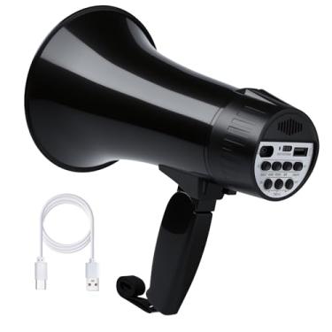 Imagem de MGROLX Megafone Bullhorn recarregável de 20 watts com sirene e gravação 240s, entrada BT e USB, alto-falante megahone com visor de energia e alça portátil (preto)