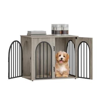 Imagem de Hzuaneri Mobília de madeira para caixa de cachorro de 67 cm, gaiola interna para cães pequenos, caixa decorativa para cães de estimação, suporte de TV Greige DFC85505B