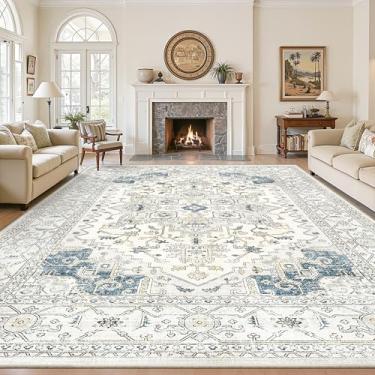 Imagem de Tapetes laváveis de 22 x 30 cm, tapetes grandes para sala de estar, resistente a manchas, tapetes vintage para quarto com suporte antiderrapante, decoração de casa (9 x 12, bege azul)