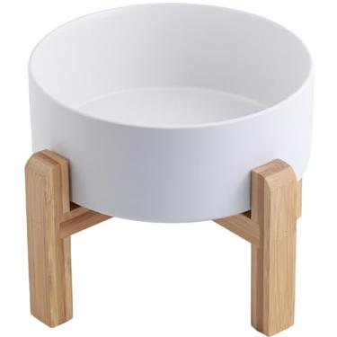 Imagem de DJJJOOYS Tigela de cerâmica branca levantada/elevada para cães para raças de tamanho médio e grande, tigela de água com suporte, 8 em 7,6 xícaras, antiderrapante, pesada