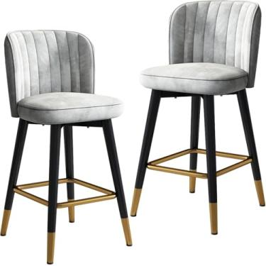 Imagem de Cadeira Alta Giratória Encosto De Veludo Bar Banquetas 2 Pcs, Balcão De Cozinha Doméstica Banqueta De Recepção Com Pernas Pretas E Apoio Para Os Pés Cromado Dourado, Grey, 75 cm