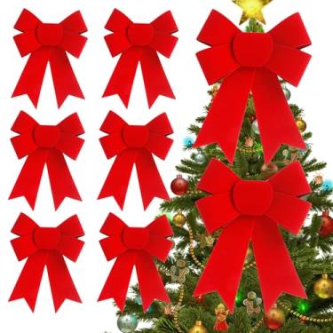 Imagem de 8 peças de laços vermelhos grandes de Natal de 22 x 30,5 cm – Decorações de veludo e PVC para pendurar em árvore de Natal, grinalda, cerca, lareira, escadas, decoração de casa para festas internas e