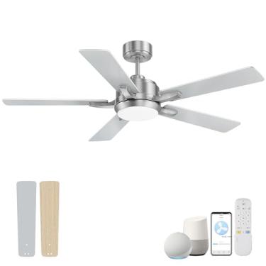 Imagem de cumilo Ventiladores de Teto Externos Inteligentes de 52 ", Luzes Led e Controle Remoto, Motor Dc Silencioso, 6 Velocidades, Regulável, Ventilador de Teto Interno Moderno de Níquel Escovado Controlado