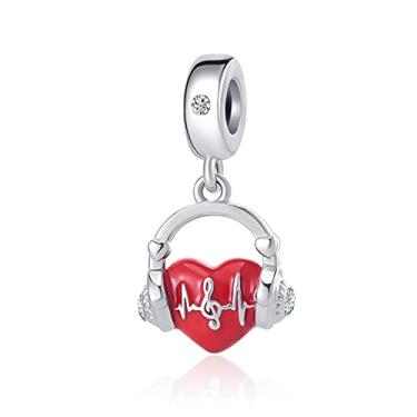 Imagem de MZC Jewelry Fone de ouvido vermelho com pingente de nota musical compatível com pulseiras Pandora batimento cardíaco