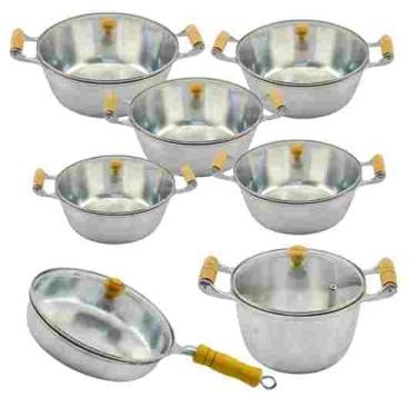 Imagem de Jogo De Panelas Alumínio Fundido Batido Com Frigideira E Caldeirão Tampa De Vidro Madeira