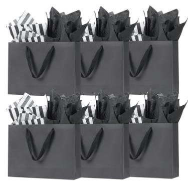 Imagem de ZJHiome Pacote com 6 sacos de presente pretos de 30 cm com papel de seda sacos de presente médios com alças de fita para compras, festas de casamento e Natal, Preto, 30X22X8CM