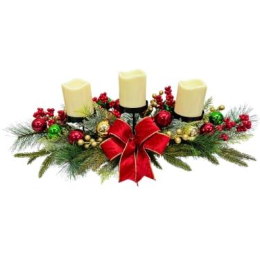 Imagem de Svndlyn Suporte de vela de Natal, decorações de Natal, 3 castiçais com ramos de cedro com glitter, agulhas de pinheiro, bagas, enfeite de bola de glitter, laço vermelho para mesa de centro de mesa