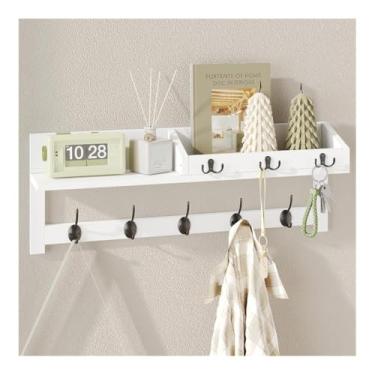 Imagem de hezhuhe2258 Cabideiro de parede com prateleira de entrada para pendurar ganchos de madeira para chapéus, jaquetas, bolsas, suporte de parede (branco)