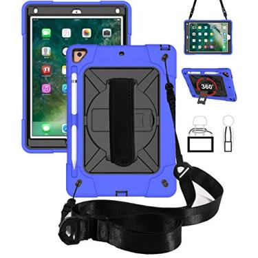 Imagem de Jaorty Capa para iPad Air 2/iPad Pro 9.7 2016, suporte giratório 360 para lápis, à prova de choque com alça de ombro para iPad 6ª/5ª geração, novo iPad 9.7 2017/2018, azul + preto