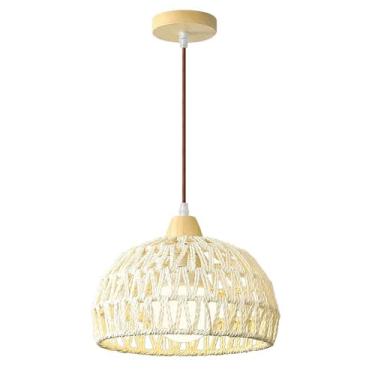 Imagem de KSSTEVNBD Luminária pendente de cúpula tecida rústica, mini corda de cânhamo, luminária para pendurar, lustre boêmio, luminária pendente de vime, lustre de vime para quarto, cozinha, ilha, mesa de