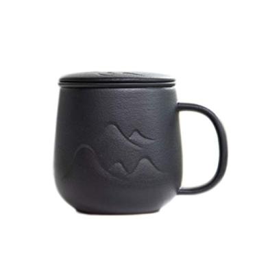 Imagem de Caneca de cerâmica caneca de cerâmica caneca de cerâmica requintada capacidade de esmalte gradiente caneca com tampa filtro copo de café criativo meia lua alça portátil xícara de chá 350ml casa e escritório (cor: preto)