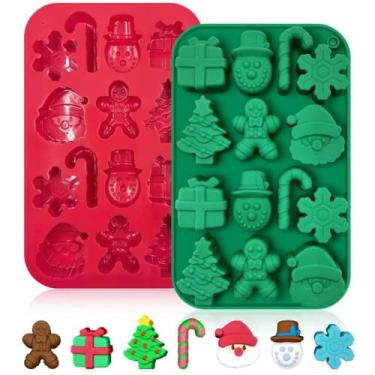 Imagem de Firleayo Molde de chocolate de Natal, 2 peças, moldes de doces de silicone de Natal Papai Noel, molde de cozimento para homem de gengibre, árvore de Natal, boneco de neve, moldes de silicone para