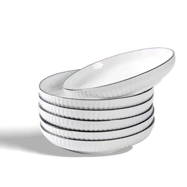 Imagem de Lxuwbd Tigelas de cerâmica para massa, pacote com 6 tigelas grandes de 20 cm, 567 g, tigelas de salada rasas, pratos profundos de cerâmica, seguro para micro-ondas e lava-louças, branco (faixa